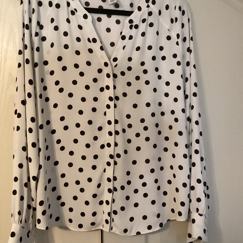 White House Black Market  Woman's White with Black Polka Dot Blouse Size XL